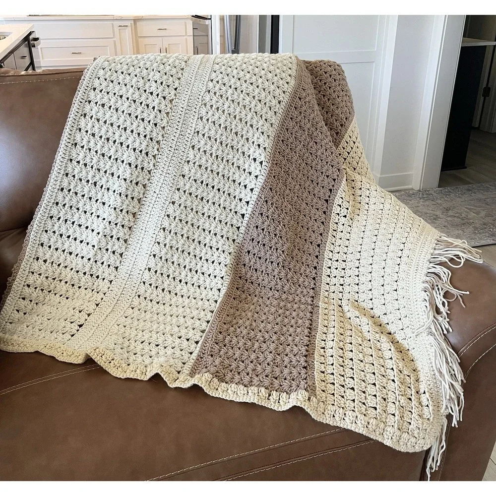 Vintage Waffle Stitch Crochet Afghan Blanket Fringed Throw Large‎ Tan Cream Boho